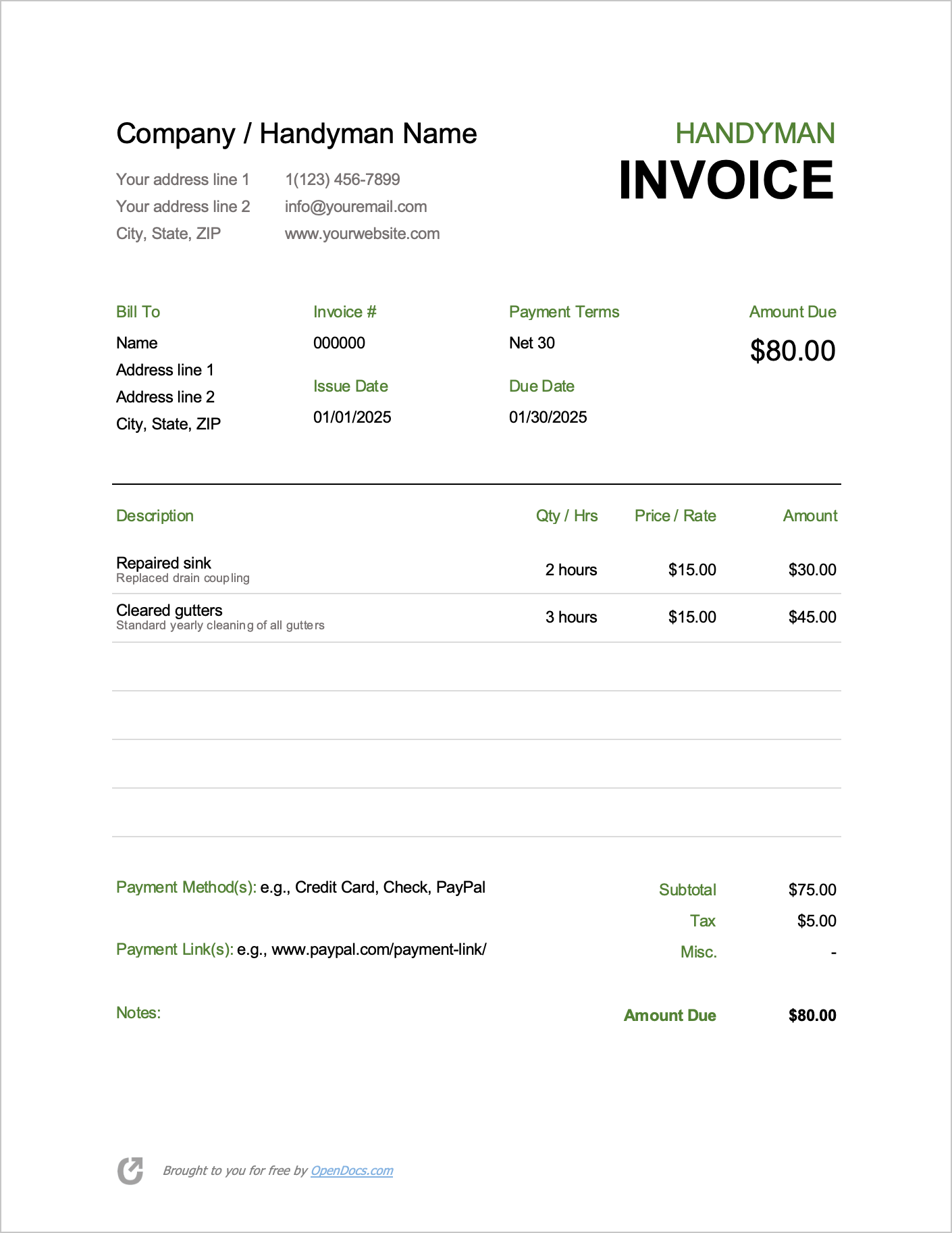 Free Handyman Invoice Template PDF WORD EXCEL