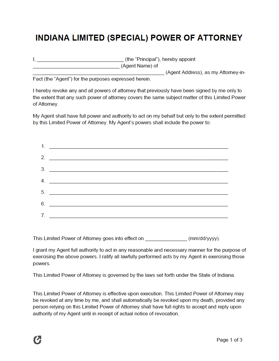 Free Indiana Limited Power Of Attorney Form PDF WORD RTF