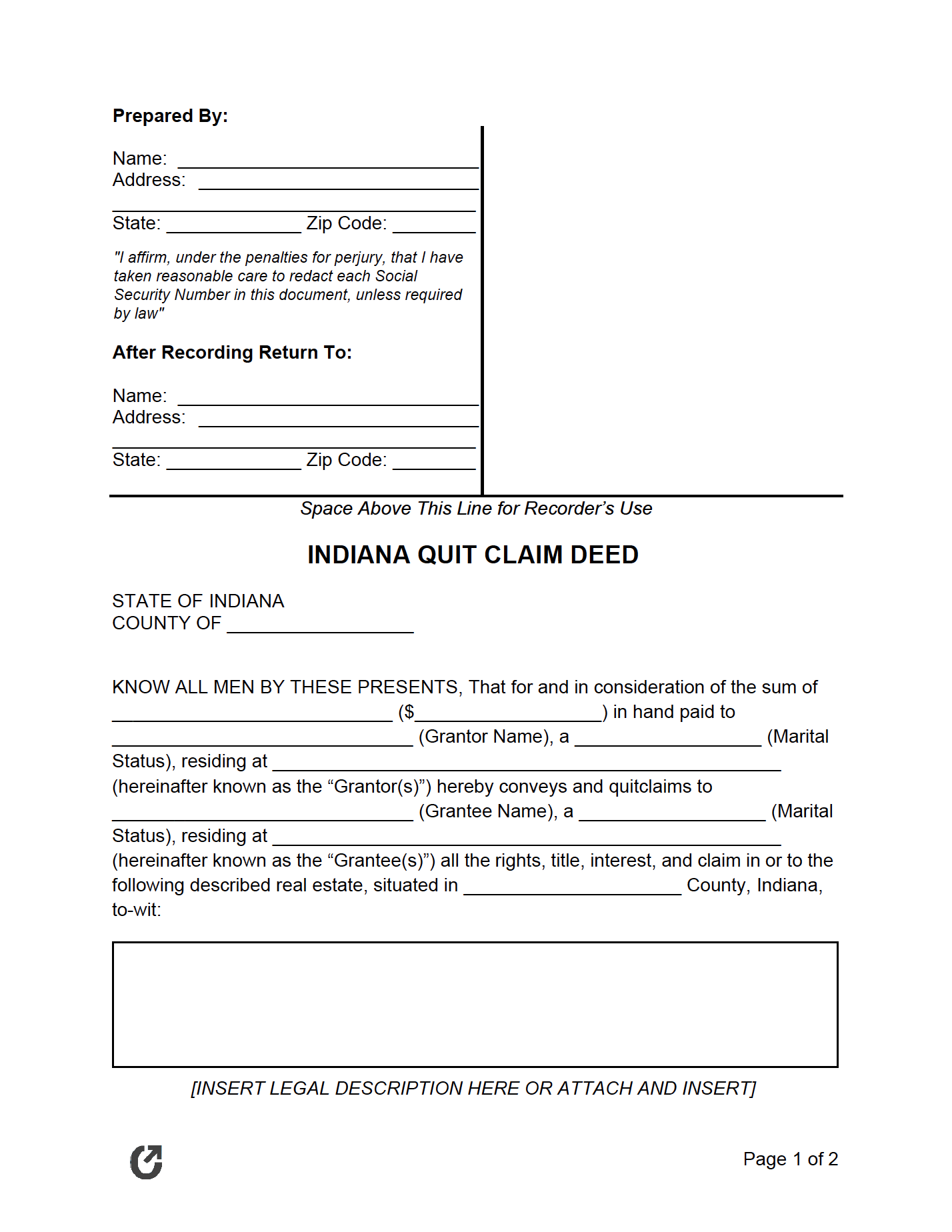 Free Indiana Quit Claim Deed Pdf Word Rtf