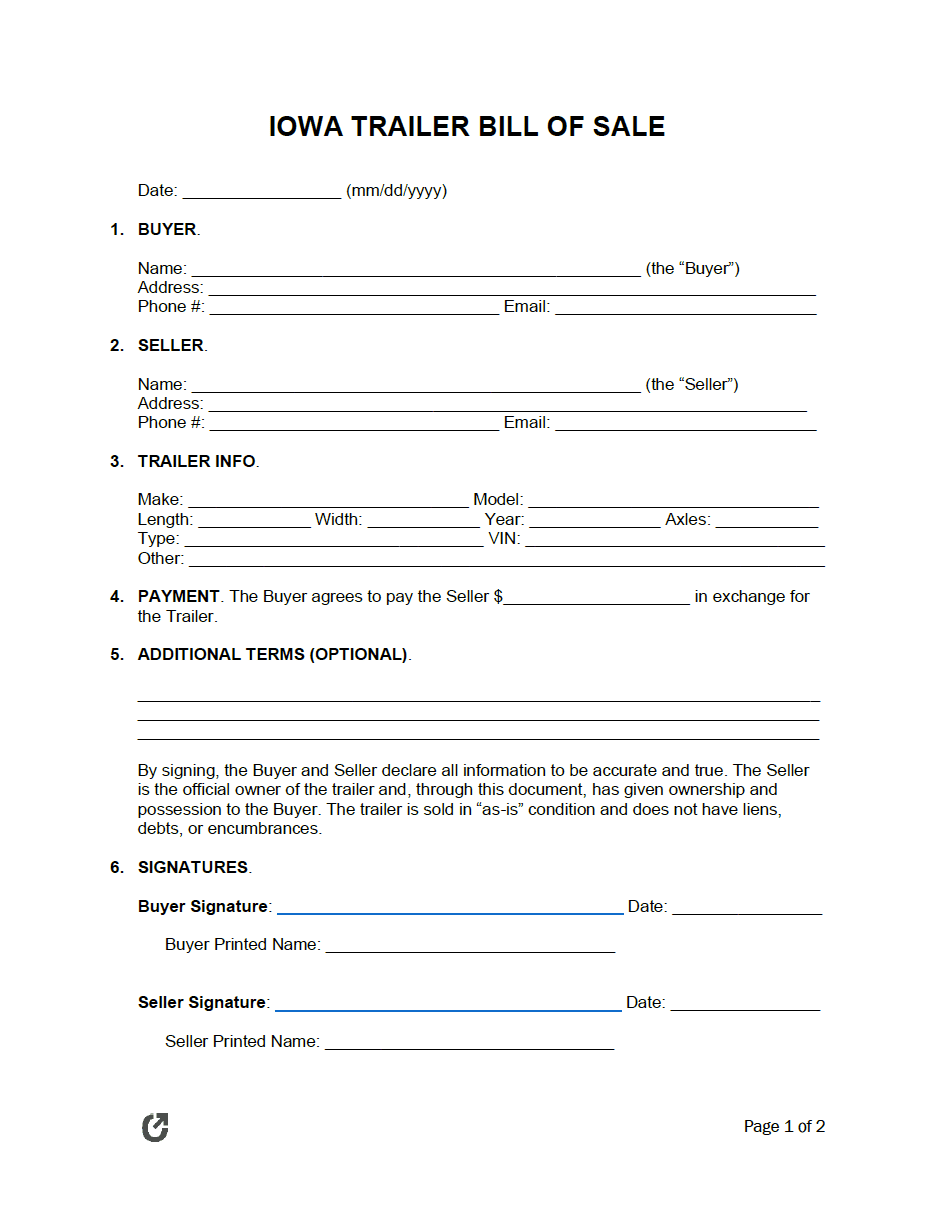 Free Iowa Trailer Bill Of Sale Form PDF WORD RTF