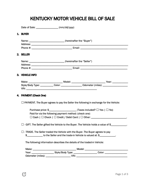 Free Kentucky Bill Of Sale Forms 5 PDF WORD RTF