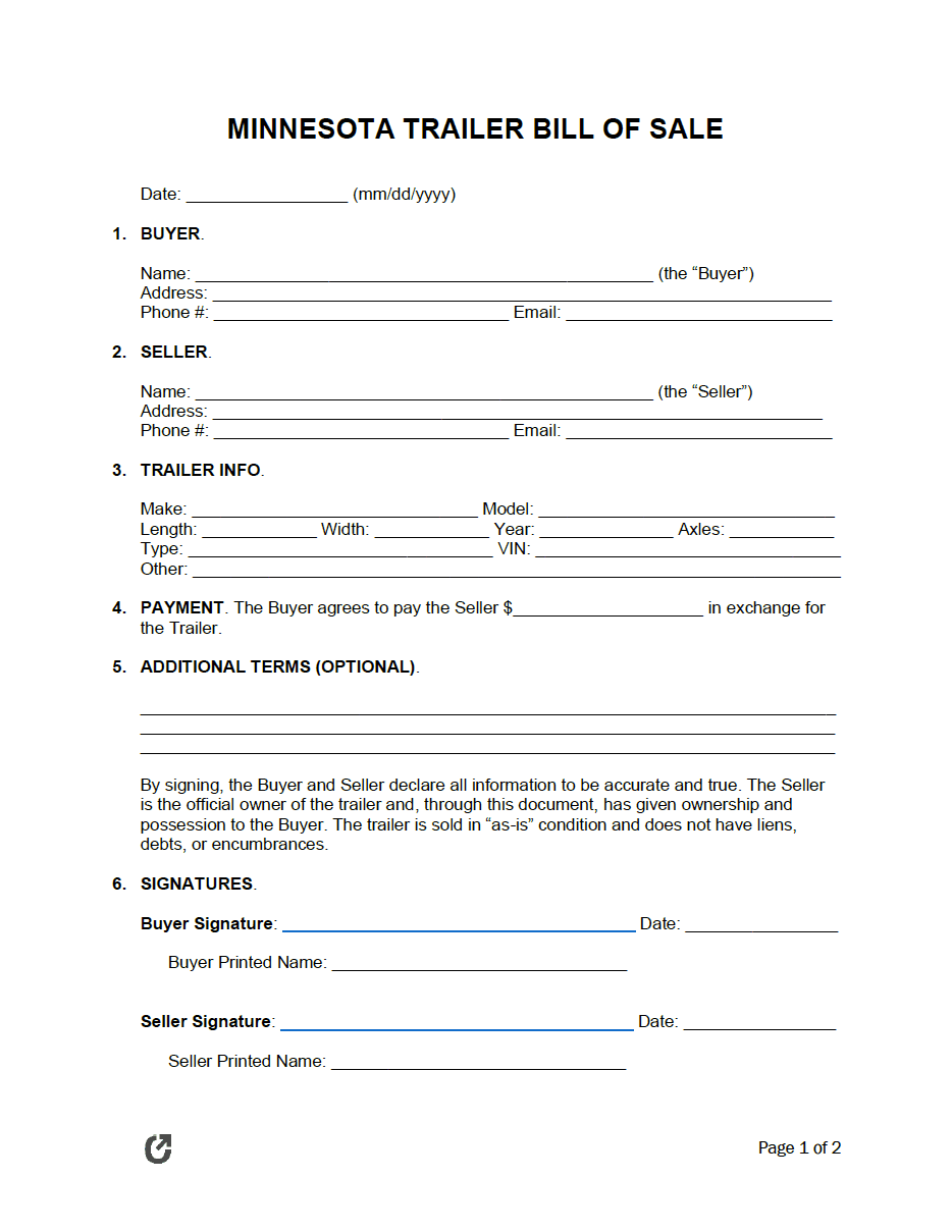 Free Minnesota Trailer Bill Of Sale Form PDF WORD RTF