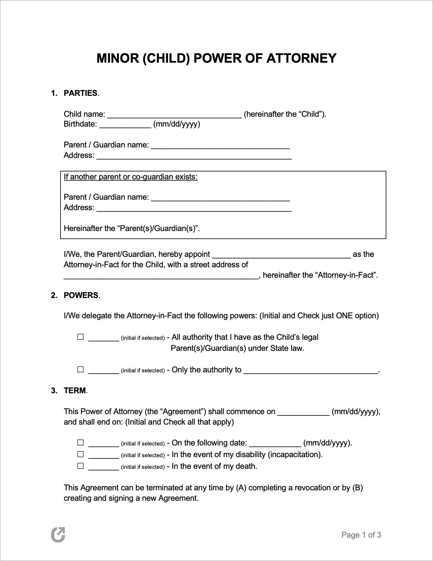 Free Minor Child Power Of Attorney Forms Pdf Word Rtf