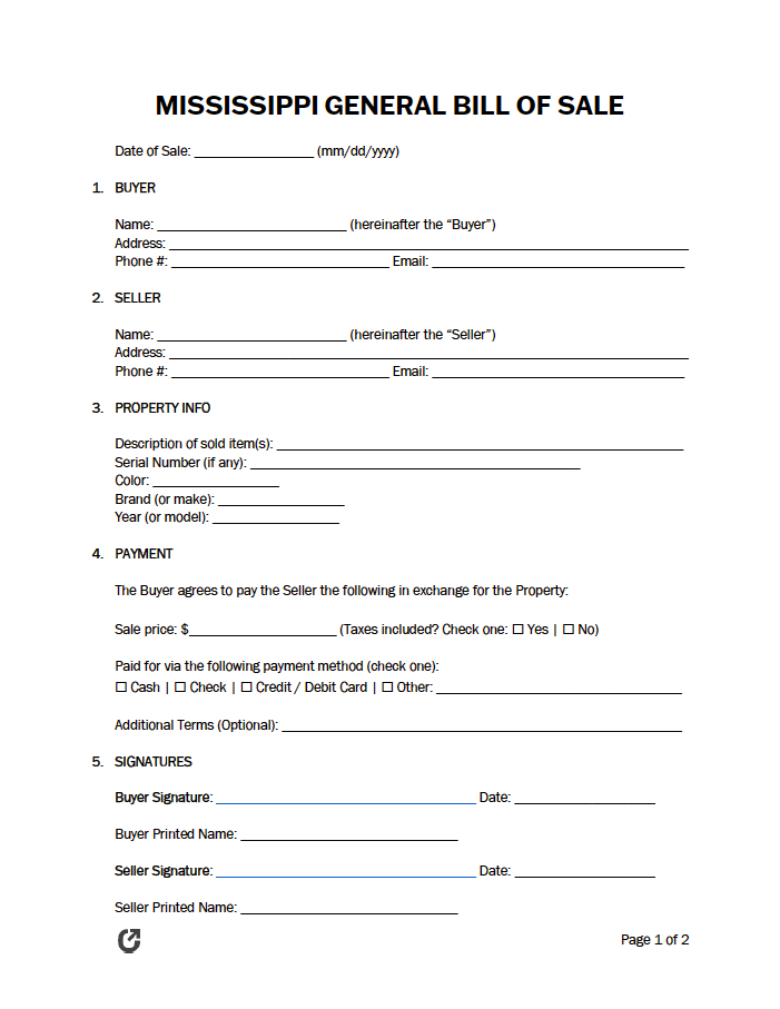 Free Mississippi General Bill of Sale Form PDF WORD RTF