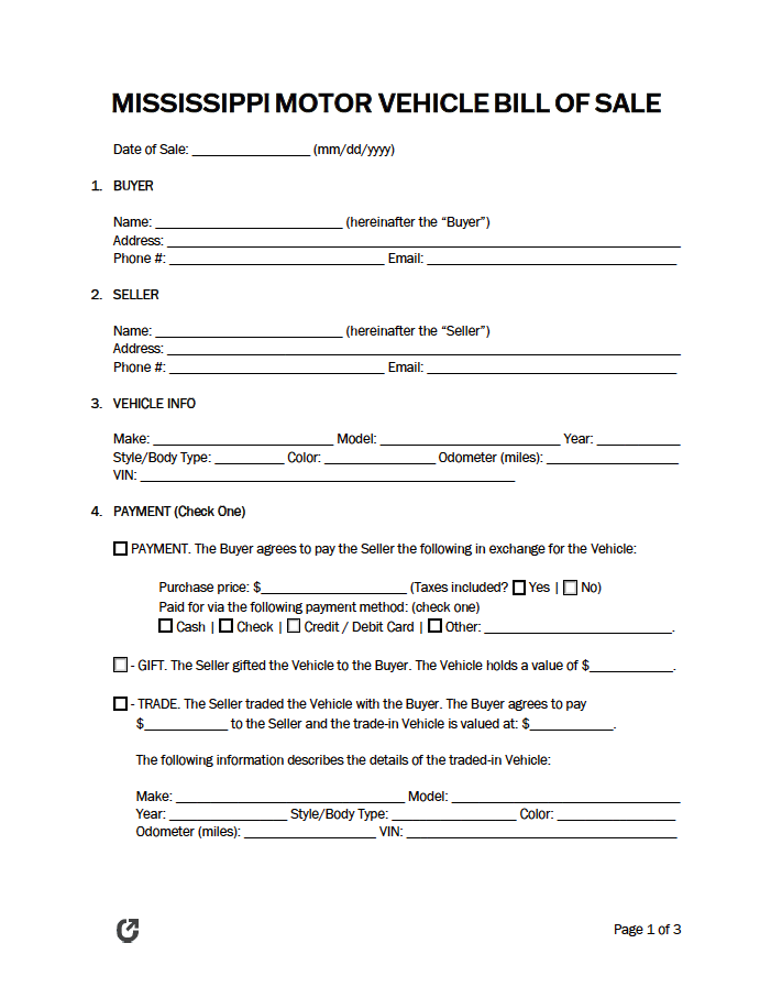Free Mississippi Motor Vehicle Bill Of Sale Form PDF WORD RTF