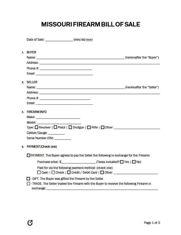 Free Missouri Firearm Bill of Sale Form PDF WORD RTF