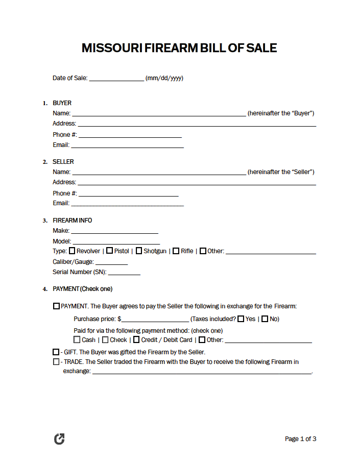 Free Missouri Firearm Bill Of Sale Form PDF WORD RTF