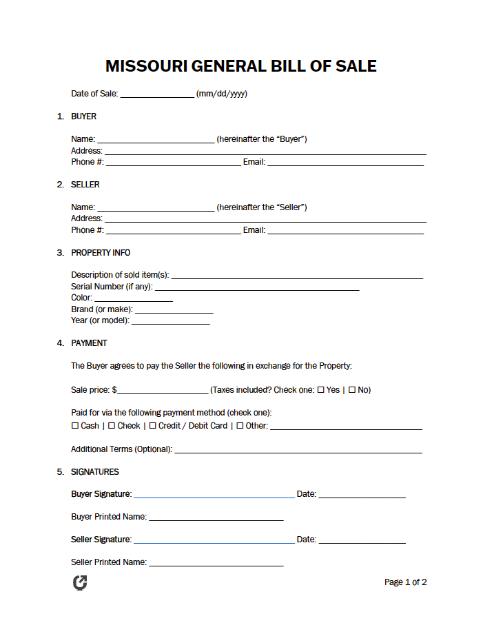 Free Missouri General Bill Of Sale Form PDF WORD RTF