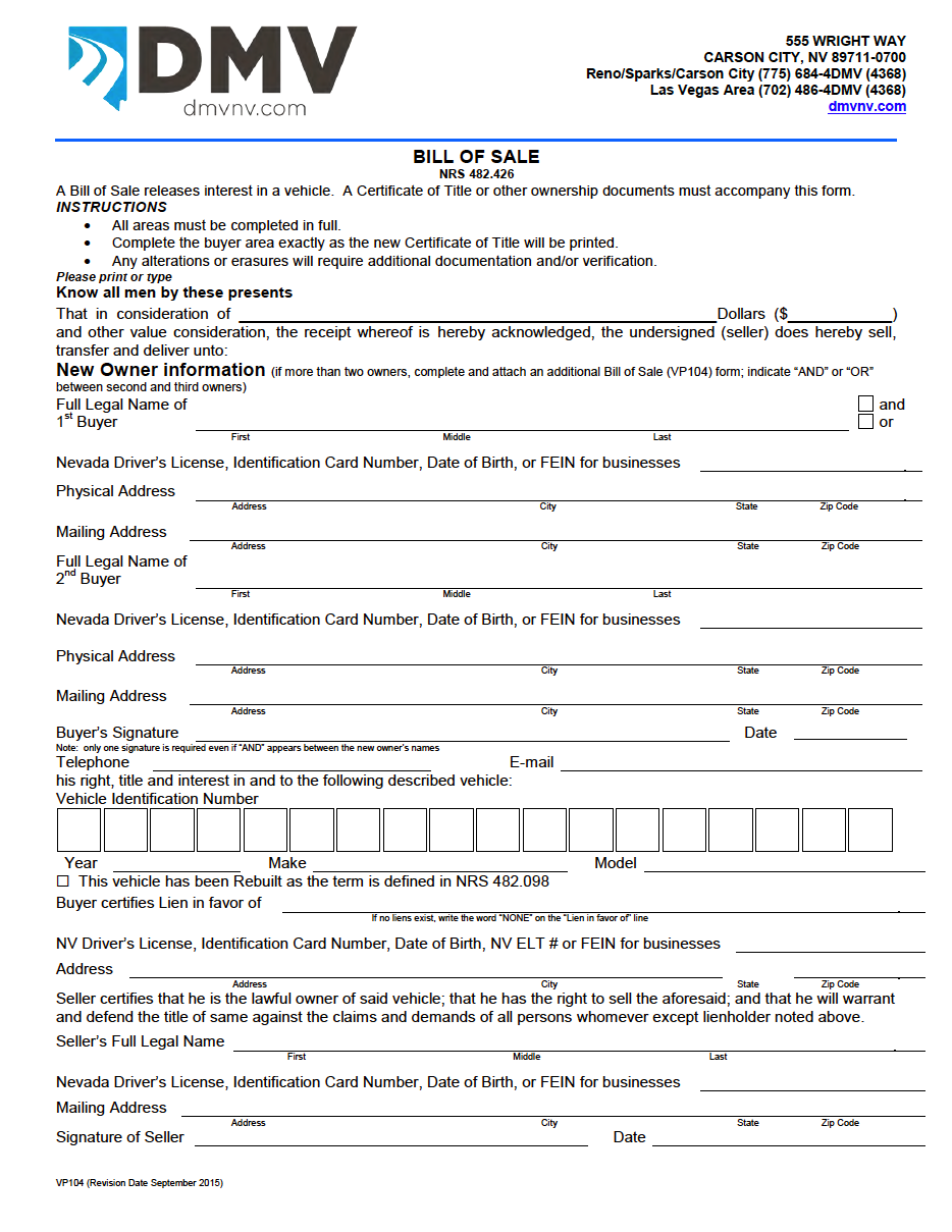 Free Nevada Motor Vehicle Bill of Sale Form PDF