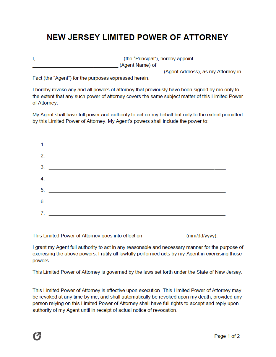 Free New Jersey Limited Power of Attorney Form | PDF | WORD | RTF