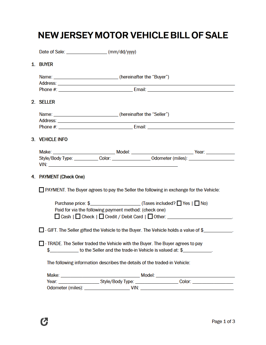 Motor Vehicle Bill Of Sale