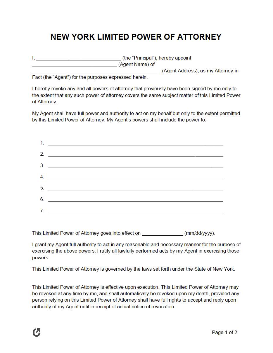 Free New York Limited Power Of Attorney Form PDF WORD RTF