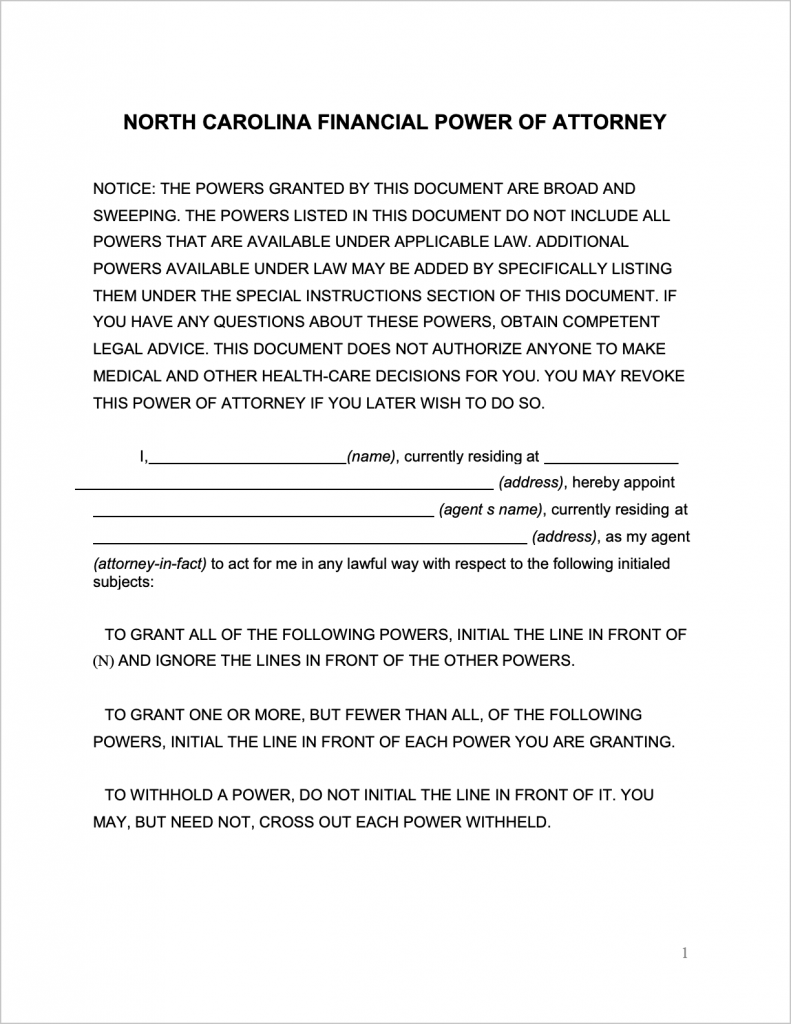 Free North Carolina General Power of Attorney Form | PDF | WORD