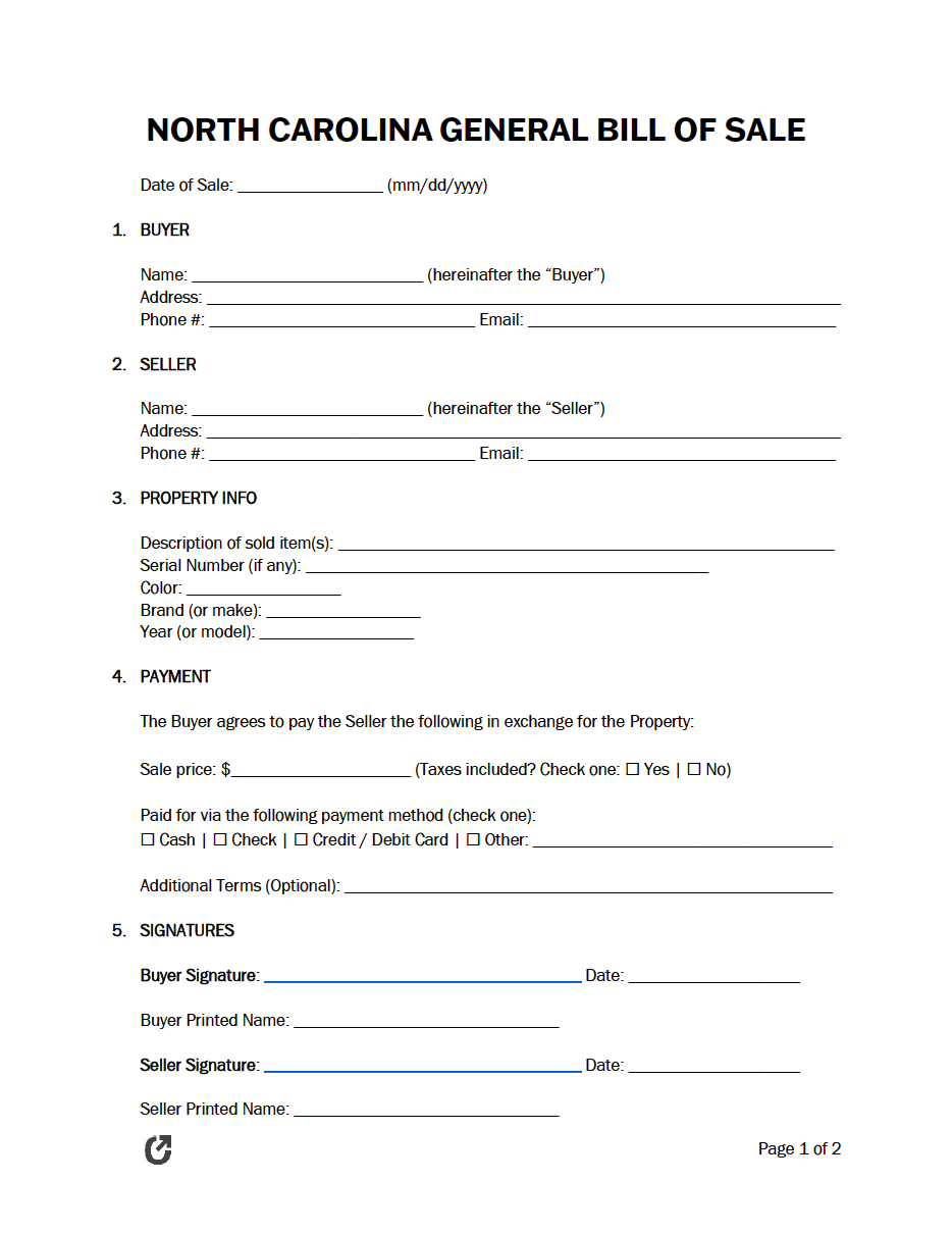 Free North Carolina General Bill Of Sale Form PDF WORD RTF