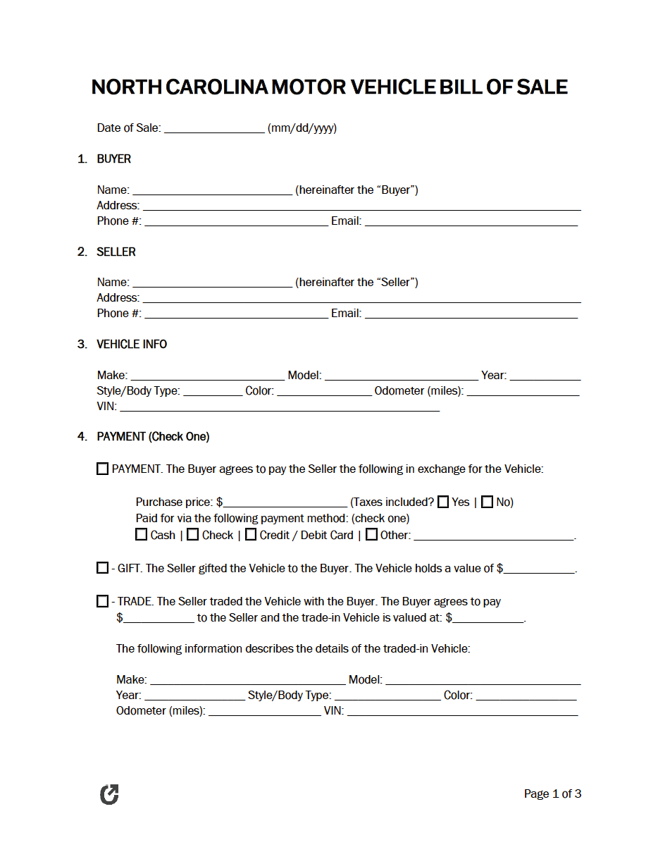 Free North Carolina Bill of Sale Forms (5) PDF WORD RTF