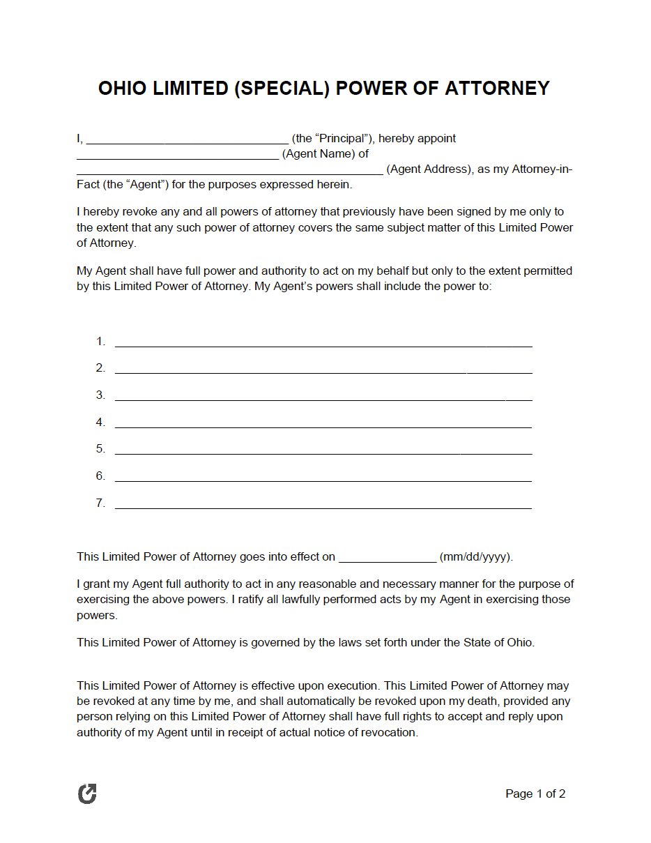 Free Ohio Limited Power Of Attorney Form PDF WORD RTF