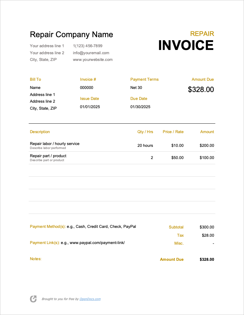 Free Repair Invoice Template | PDF | WORD | EXCEL