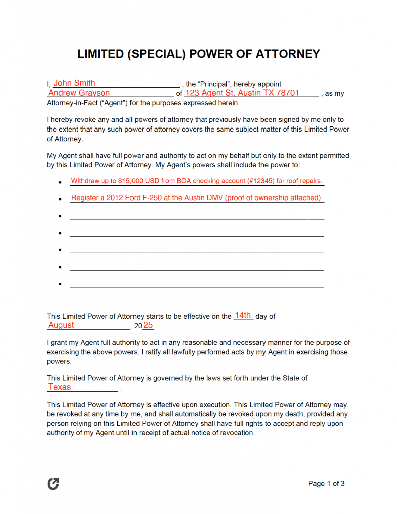 Free Limited (Special) Power of Attorney Forms  PDF  WORD  RTF