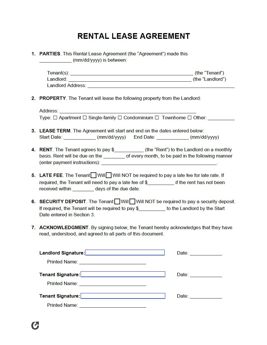 1 Page Lease Agreement Template South Africa Printable Form