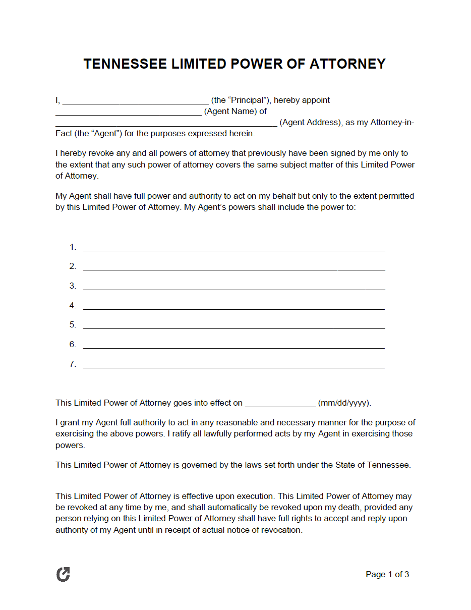 Free Tennessee Limited Power Of Attorney Form PDF WORD RTF