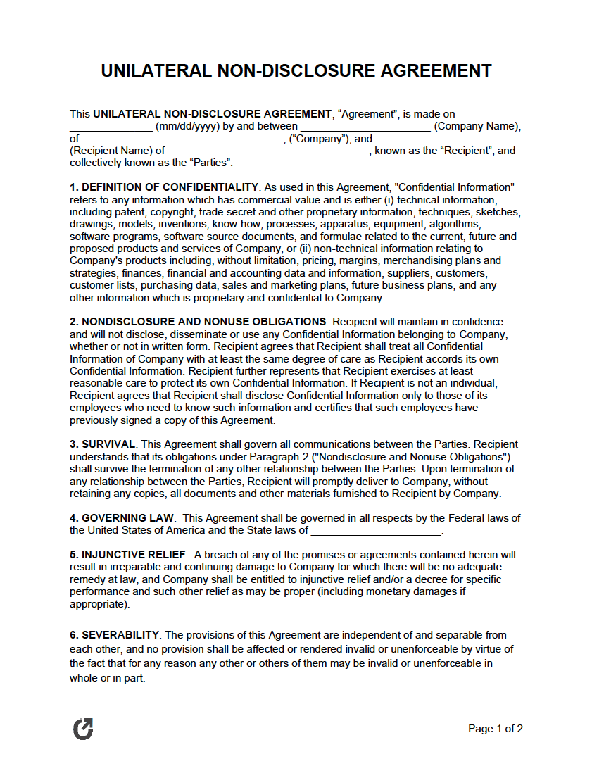 Free Unilateral Non-Disclosure Agreement  PDF  WORD  RTF Pertaining To unilateral non disclosure agreement template