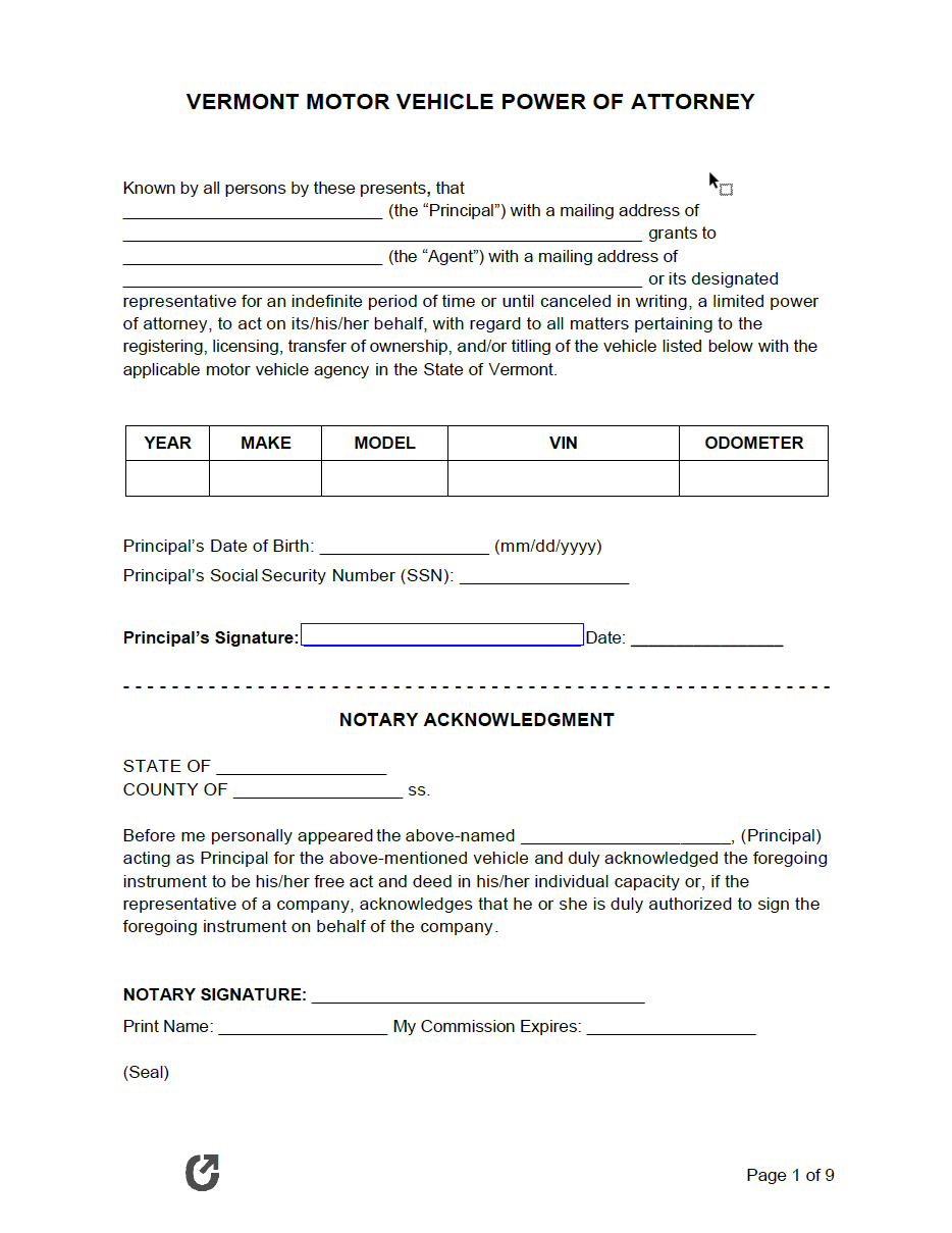 Free Vermont Motor Vehicle Power of Attorney Form PDF WORD