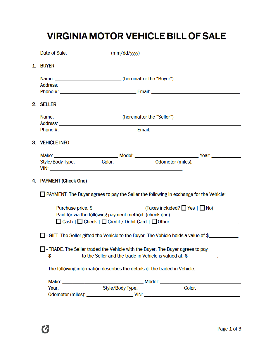 Free Virginia Bill Of Sale Forms 5 PDF WORD RTF