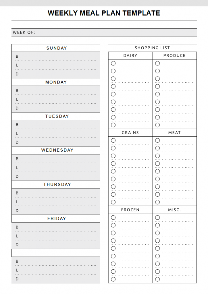 meal plan templates sheets